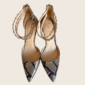 Jessica Simpson Snakeskin Heels Size 11|Pointed Toe Stiletto Strappy Gold Detail